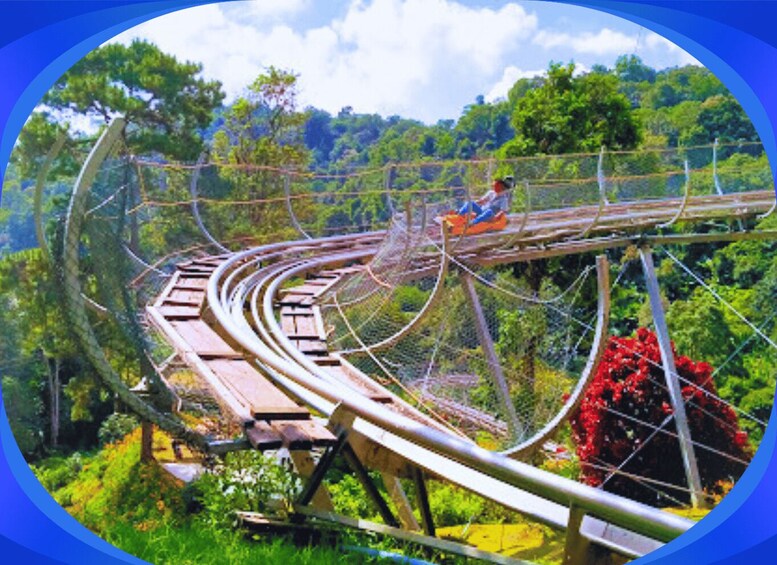 A wooden suspension bridge in a forested area with a person walking on it. 3