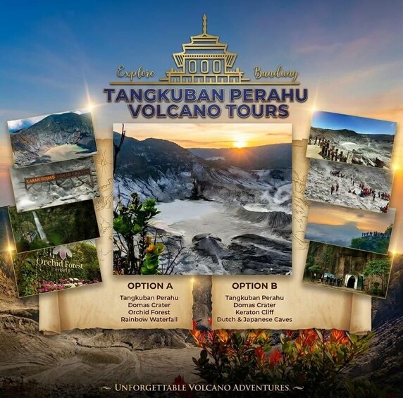 A travel brochure for volcano tours at Tangkuban Perahu, featuring options for different destinations including Domas Crater, Orchid Forest, and Rainbow Waterfall. 1