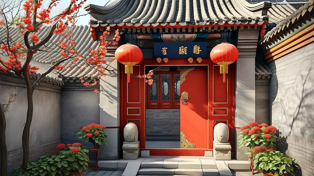 A traditional Chinese building with red doors, golden decorations, and red lanterns. 4