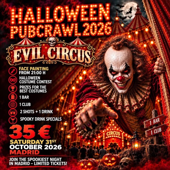 Halloween-teemainen tapahtuma, jossa on mukana klovni, karnevaalikoristeita, ja osallistumismaksu on 35 euroa. 1