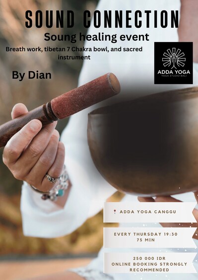 A person holding a Tibetan 7 Chakra bowl and a singing bowl, indicating a sound healing event. 1