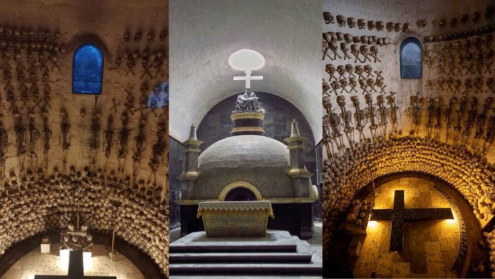 A church interior with a central dome, skull motifs on walls, and a cross at the entrance. 2