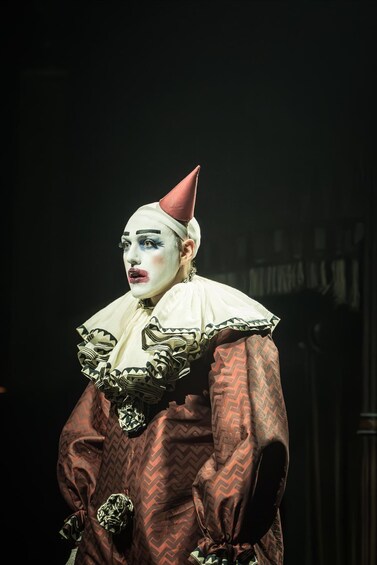 A person in a costume with a red hat and a patterned outfit. 4