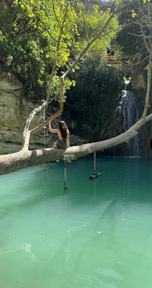 A person sitting on a branch over a turquoise pool with a waterfall in the background. 1