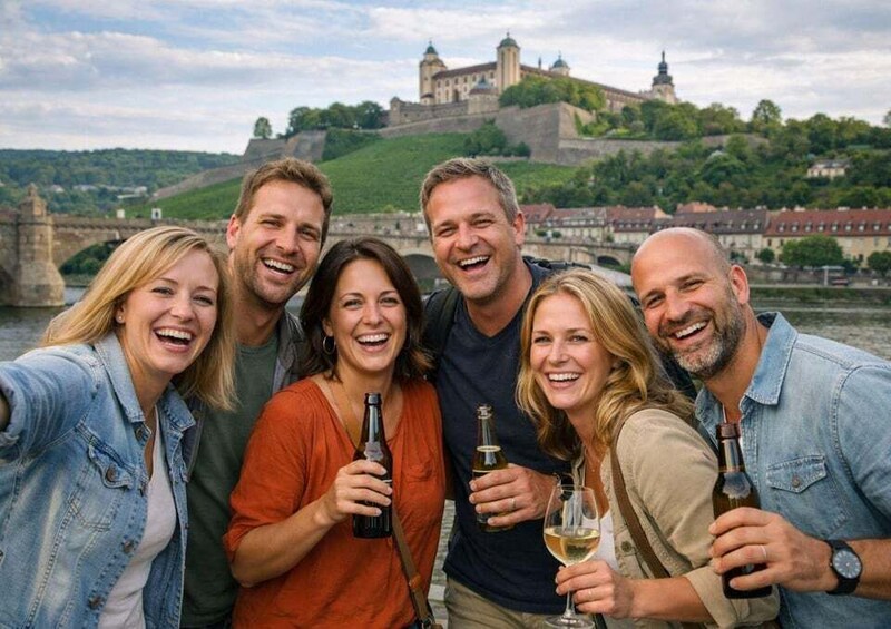 A group of people taking a selfie with a historic castle in the background. 3