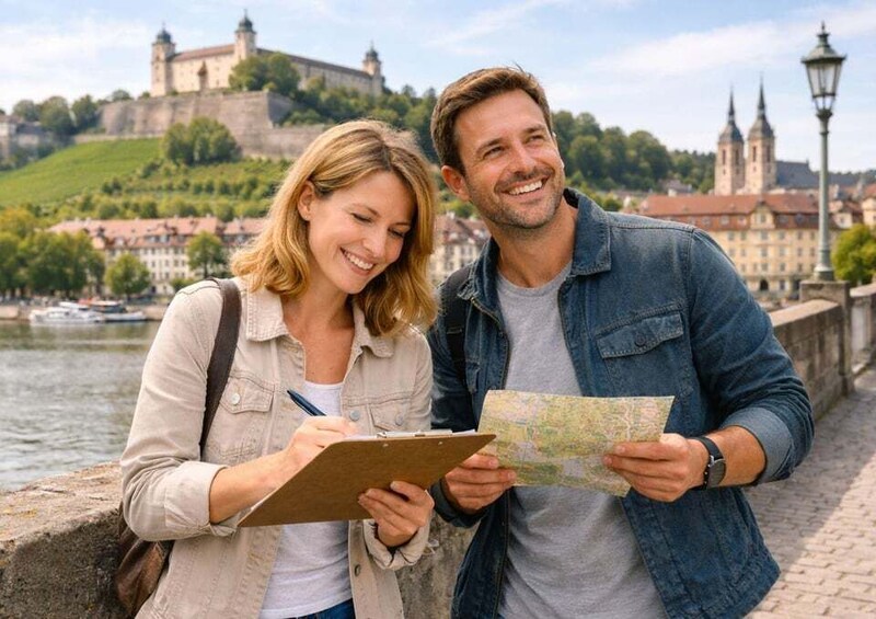 Two people examining a map by a river with a historic castle in the background. 4