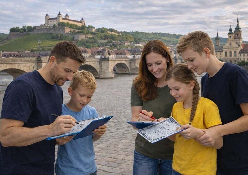 A group of people standing by a river with a castle in the background. 5