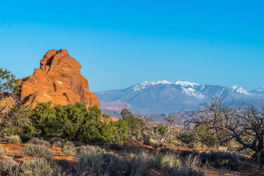 A red rock formation with a mountain range in the background. 5