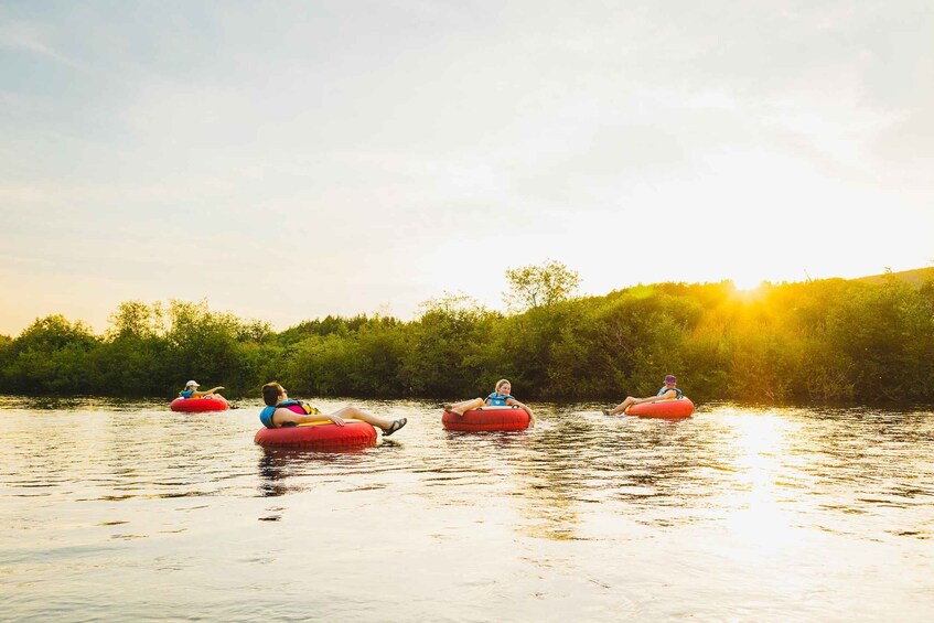 People floating on red tubes in a calm river surrounded by greenery. 2
