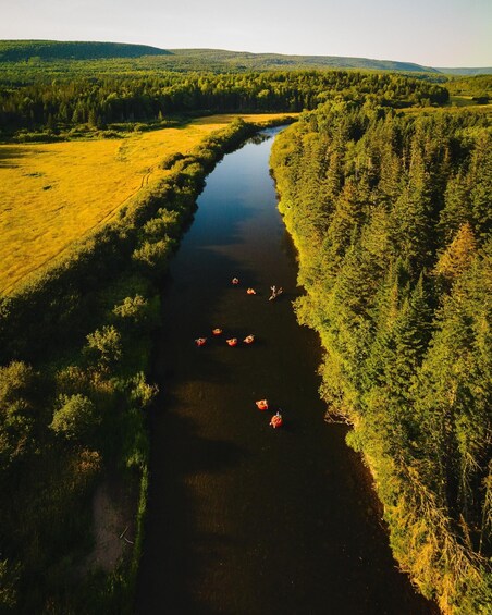 A river with people paddling kayaks. 1