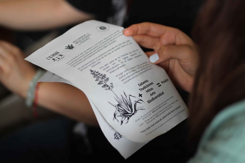 A person holding a menu with text and a plant illustration. 4
