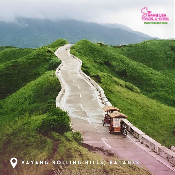 A winding road through rolling hills with a vehicle parked on the side. 3