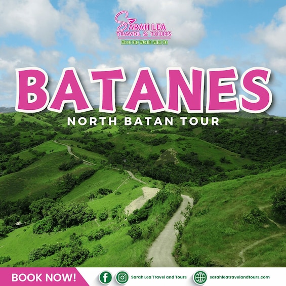 A lush green landscape with a winding path, titled 'BATANES NORTH BATAN TOUR'. 1