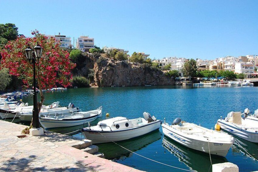 A marina with several small boats docked, a rocky coastline, and buildings in the background. 4