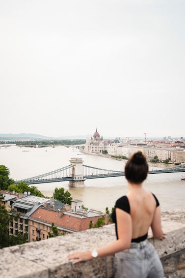 A person overlooking a river with a bridge and a large building in the background. 1