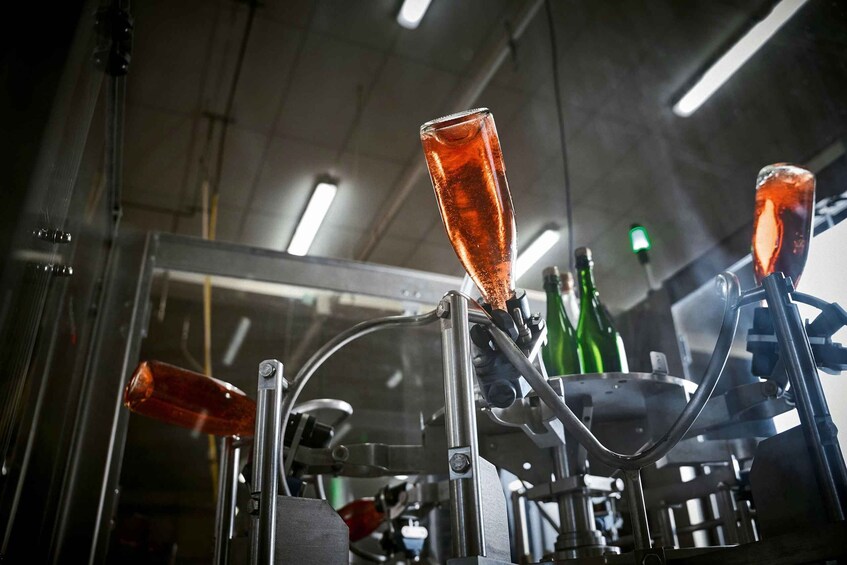 A machine with orange glass funnels and metal components. 1