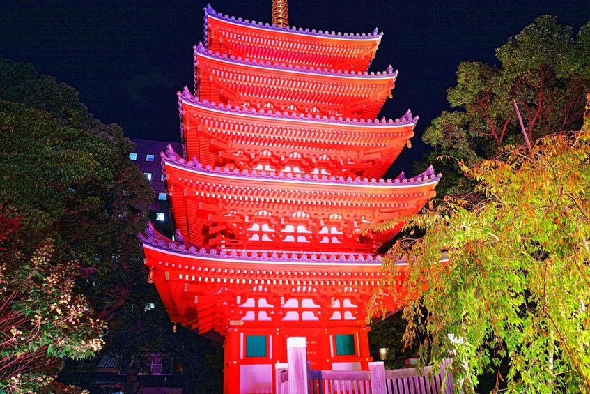 A multi-tiered red pagoda with traditional architecture, surrounded by trees and illuminated at night. 5