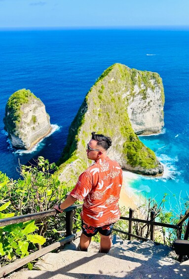 A person standing on a staircase overlooking a coastal landscape with large rock formations and the ocean. 4