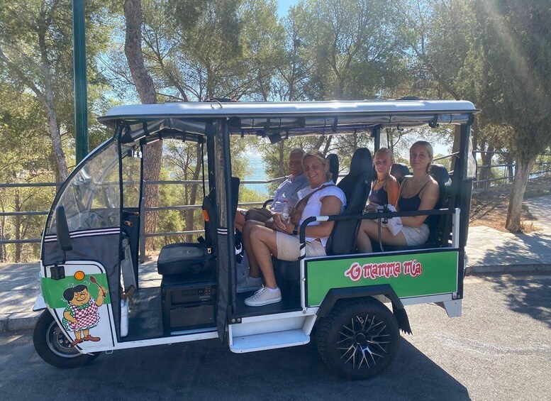 A green and white trolley with passengers, parked on a paved area with trees in the background. 3