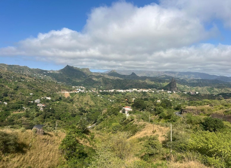 A mountainous landscape with scattered buildings and a winding road. 5
