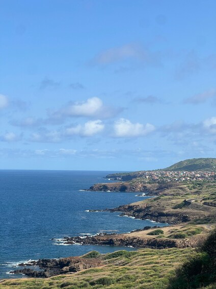 A coastal landscape with rocky cliffs, a clear blue sea, and a distant town. 4