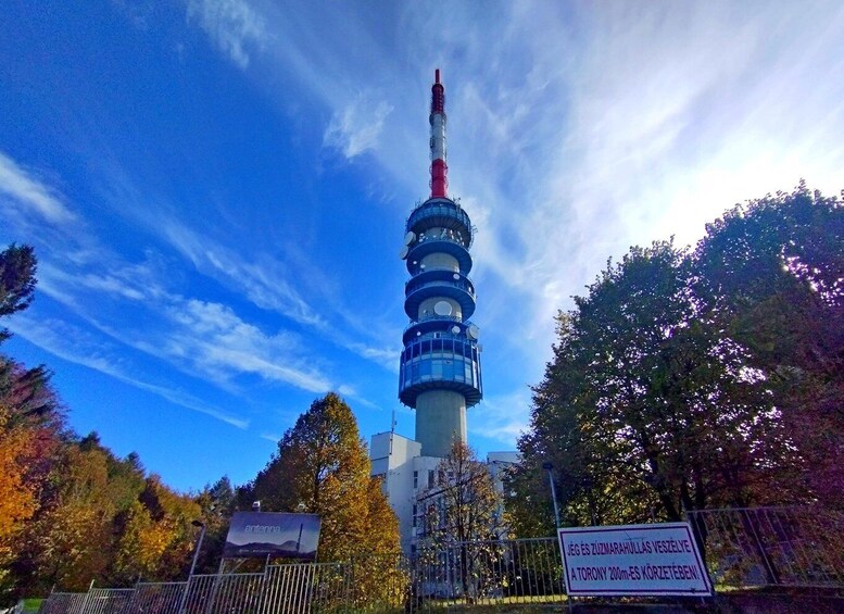 A tall tower with multiple circular platforms, surrounded by trees and a clear sky. 1
