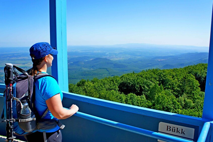 A person with a backpack overlooking a scenic landscape from a blue structure labeled "Bükk". 2
