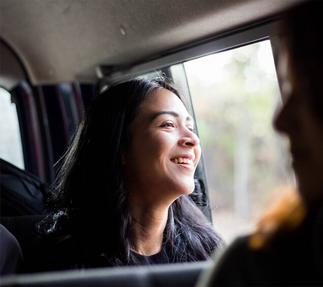A person sitting in a car with a window view. 1