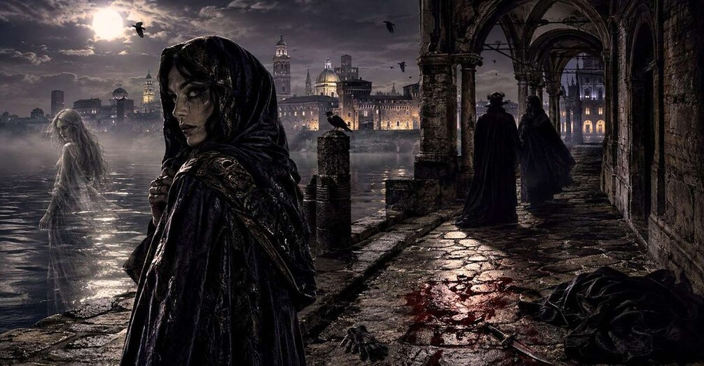 A dark, gothic cityscape with a woman in a hooded cloak standing by a misty waterfront, a bird perched on a pillar, and a distant city illuminated by moonlight. 1