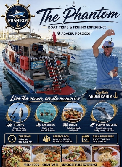 A boat named 'The Phantom' offering a boat trip and fishing experience in Agadir, Morocco. 1