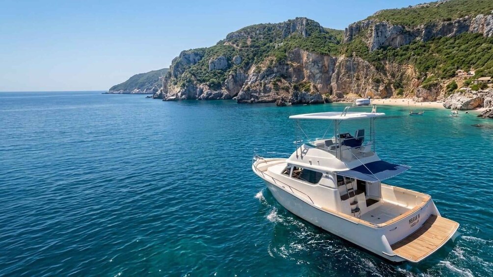 A white yacht on clear blue waters with a mountainous coastline in the background. 1
