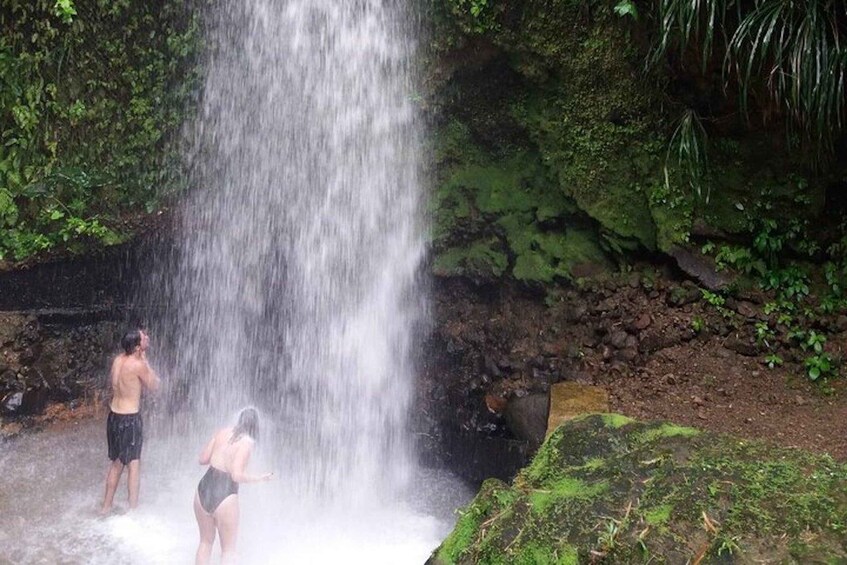 A waterfall in a forested area with two people standing at the base. 1