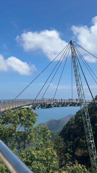 A suspension bridge with a metal framework and cables, spanning over a valley with lush greenery and mountains in the background. 4