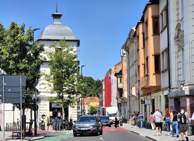 A street with a white building with a dome, a red building, and a tree. 3