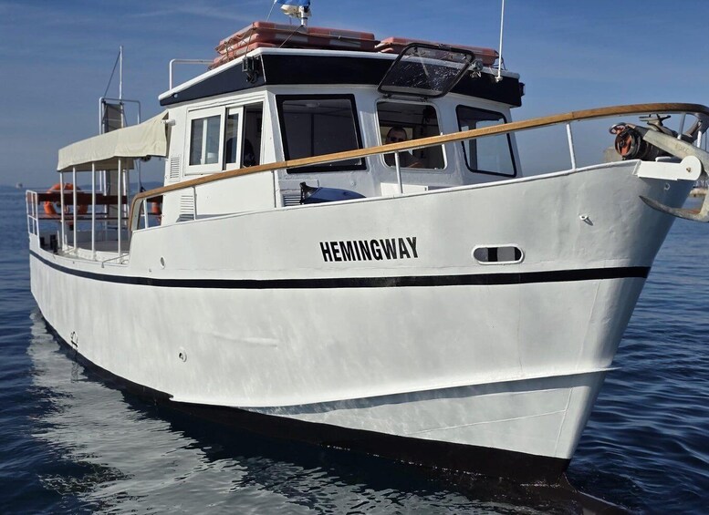 En vit båt med namnet HEMINGWAY glider fram på stilla vatten. 1