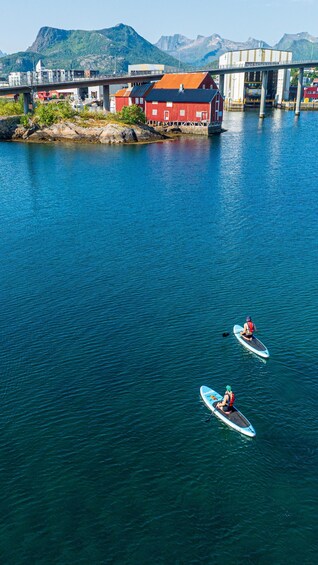 Two paddleboarders on a calm river with a bridge and buildings in the background. 5