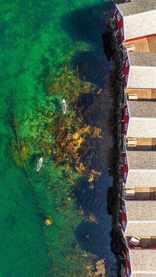 An aerial view of a coastal area with clear waters, a wooden pier, and a red building with a sloped roof. 2