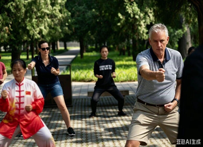 A group of people exercising outdoors in a park. 4