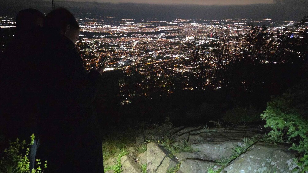 A nighttime cityscape viewed from a hilltop with a rocky foreground. 5