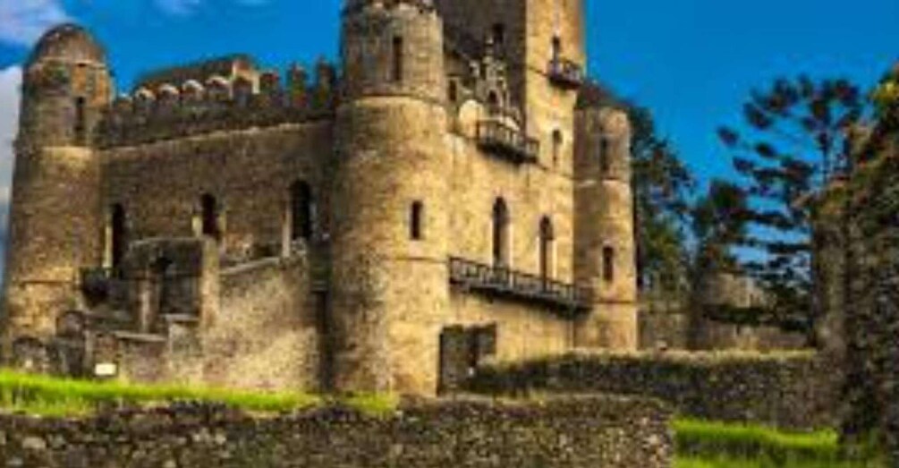 A historic castle with multiple towers and battlements, surrounded by greenery. 3