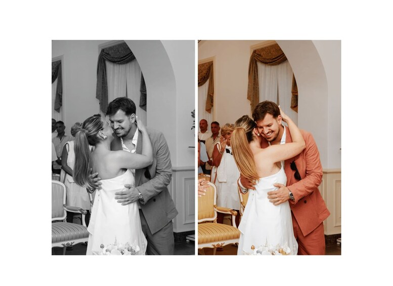 A wedding ceremony with a couple embracing. 3