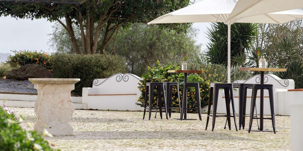 An outdoor patio with a stone table, black chairs, and a white umbrella. 1