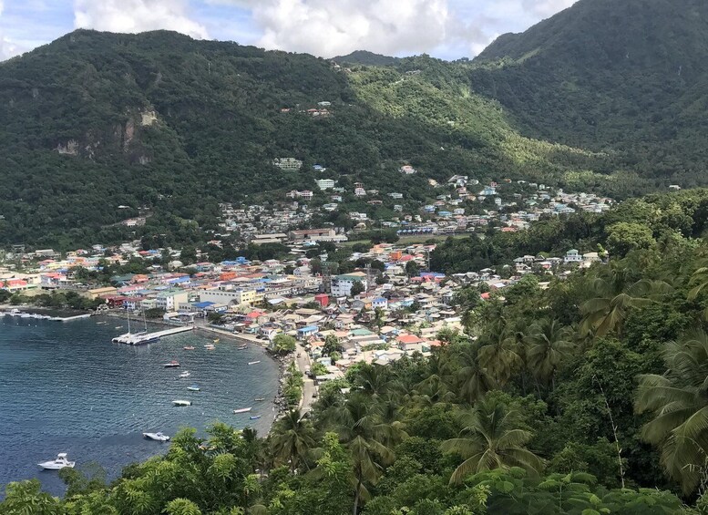 A coastal town nestled between lush green hills, with colorful buildings and a marina with boats. 2