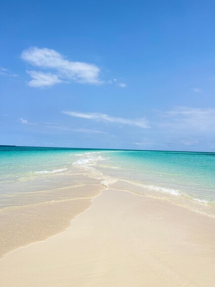 A beach with clear turquoise water and a sandy shore. 5