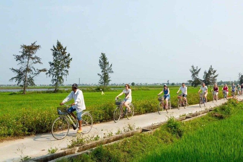A group of people riding bicycles on a paved path through a green field. 4