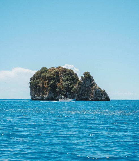 A small island with dense vegetation surrounded by clear blue waters. 2