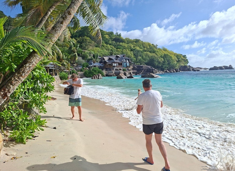 A beach with palm trees, a house in the background, and two people walking along the shore. 2