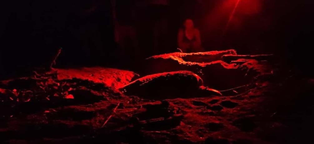 A dark scene with red lighting and a person in the background. 1