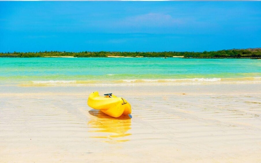 A yellow kayak on a sandy beach with clear turquoise water and a green shoreline in the background. 3