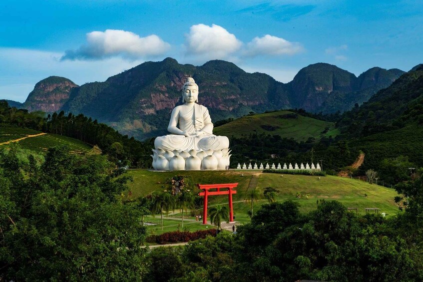 A large white Buddha statue in a natural setting with mountains in the background. 2